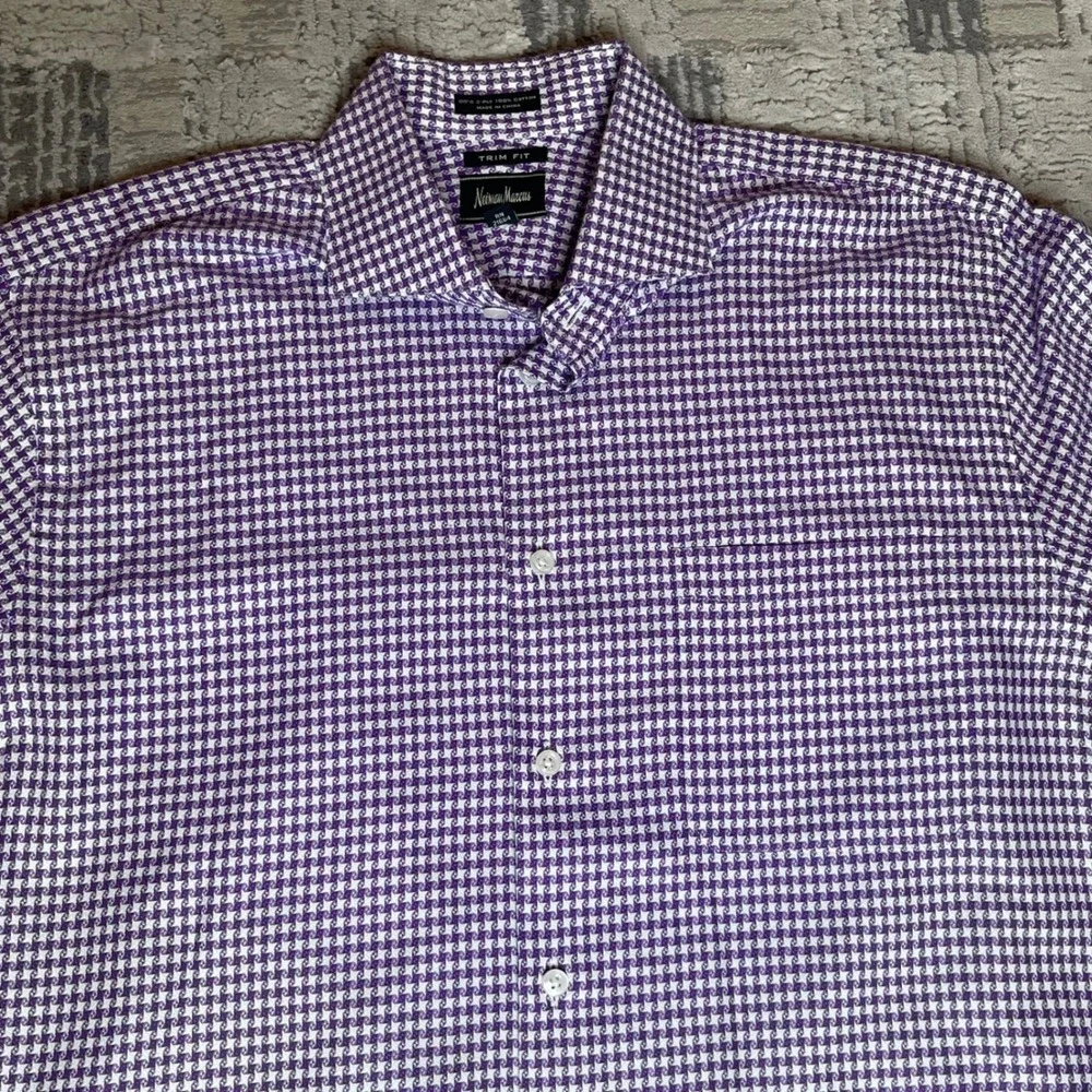 Neiman Marcus Mens Purple Spread Collard Houndstooth Trim Fit‎ Shirt 15.5 34/35